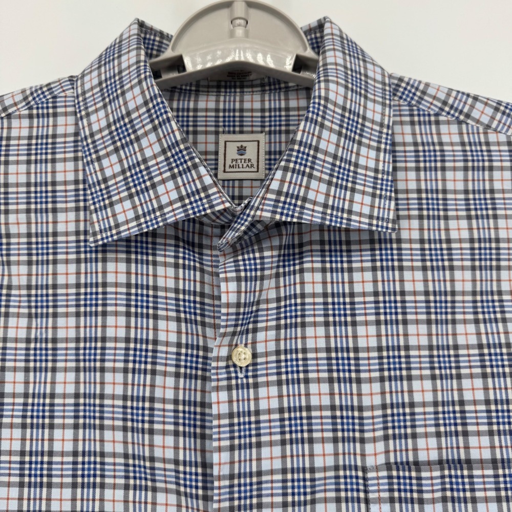 Peter Millar Mens Plaid Long Sleeve Dress Shirt XL Blue Gray Red Button Down - Picture 8 of 10
